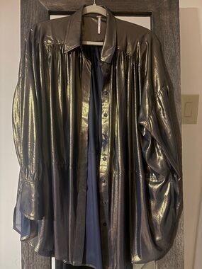 Free People Metallic Charcoal Shimmer Button-Front Blouse